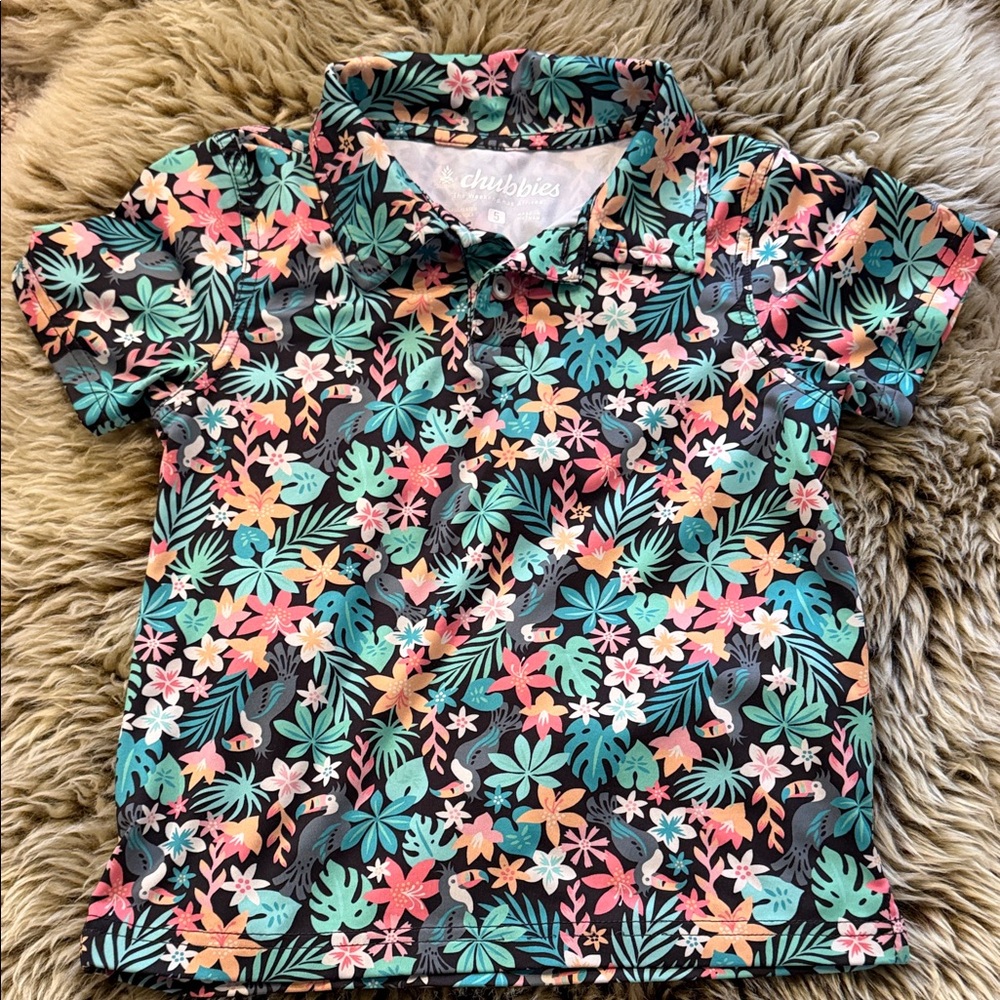 chubbies Kids Floral Toucan Polo - Black with Teal, Coral & Pink